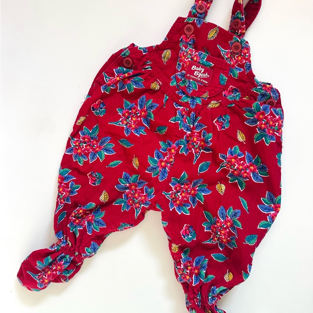 RARE Vintage OshKosh B'gosh Red Floral Kids Footie Overalls